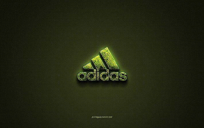 Logotipo da Adidas, logotipo criativo verde, logotipo de arte floral, emblema da Adidas, textura de fibra de carbono verde, Adidas, arte criativa