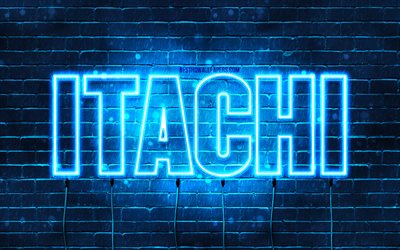 Joyeux anniversaire Itachi, 4k, n&#233;ons bleus, nom Itachi, cr&#233;atif, joyeux anniversaire Itachi, anniversaire Itachi, noms masculins japonais populaires, photo avec nom Itachi, Itachi