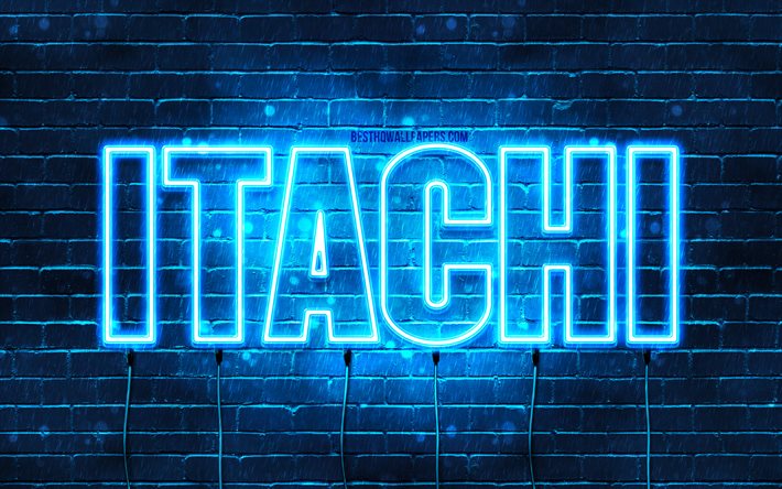 Buon Compleanno Itachi, 4k, luci al neon blu, nome Itachi, creativo, Itachi Buon Compleanno, Compleanno Itachi, nomi maschili giapponesi popolari, foto con nome Itachi, Itachi