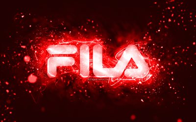 Fila red logo, 4k, red neon lights, creative, red abstract background, Fila logo, brands, Fila