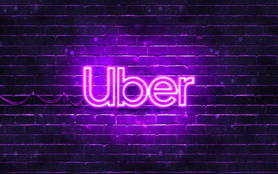 Logo violet Uber, 4k, mur de briques violet, logo Uber, marques, logo n&#233;on Uber, Uber