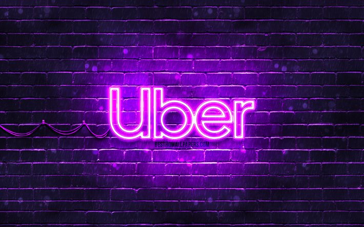 ユーバーバイオレットのロゴ, 4k, 紫のレンガの壁, Uberのロゴ, お, Uberネオンロゴ, Uber
