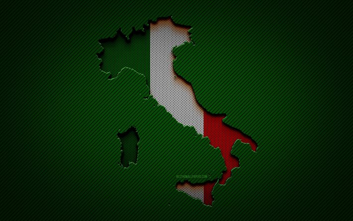 イタリアの地図, 4k, ヨーロッパ諸国, イタリア国旗, グリーンカーボンの背景, イタリアの地図のシルエット, ヨーロッパ, イタリア, イタリアの旗