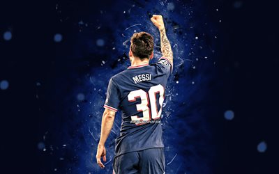4k, Lionel Messi PSG, back view, Paris Saint-Germain, blue neon lights, argentinian footballers, Leo Messi, football, Messi, PSG, soccer, Ligue 1, football stars, Lionel Messi 4K, Lionel Messi Paris Saint-Germain