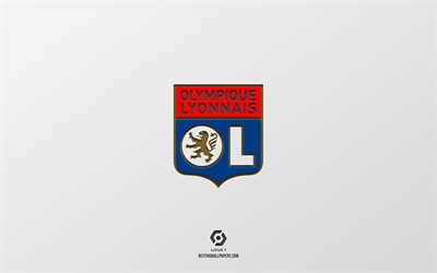 Olympique Lyonnais, sfondo bianco, squadra di calcio francese, emblema Olympique Lyonnais, Ligue 1, Lione, Francia, calcio, logo Olympique Lyonnais
