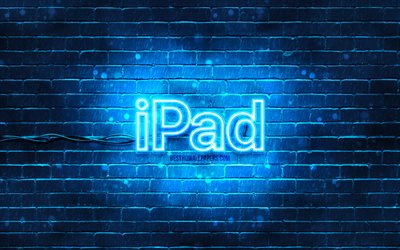 Logotipo azul do iPad, 4k, parede de tijolos azul, logotipo do iPad, Apple iPad, marcas, logotipo neon do iPad, iPad