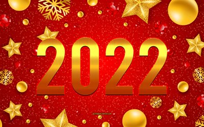 Anno nuovo 2022, 4k, sfondo rosso di Natale, sfondo natalizio 2022, felice anno nuovo 2022, elementi di natale gialli, concetti 2022, biglietto di auguri di Natale 2022
