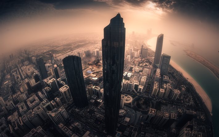 Abu Dhabi, UAE, pilvenpiirt&#228;ji&#228;, Yhdistyneiden Arabiemiirikuntien p&#228;&#228;kaupunkiin, sunset