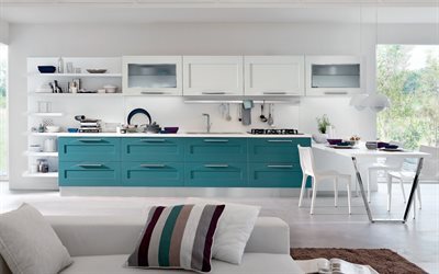 Cozinha interior, branco e azul de cozinha, design moderno, cozinha