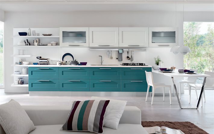 Kitchen interior, white and blue kitchen, modern design, kitchen