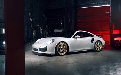 Porsche 911 Turbo S, 2016, supercars, garage, white porsche