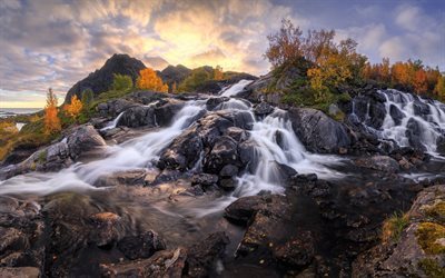 waterfall, autumn, water, rocks, Norway