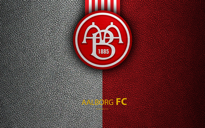 Aalborg BK, 4k, logo, leather texture, Danish football club, Superligaen, football, Danish superleague, Aalborg, Denmark