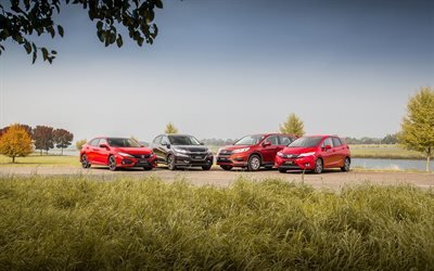 Honda Civic Hatchback, 2017, Honda HR-V, gray crossover, red, Honda CR-V, lineup, Honda Jazz, Japanese cars