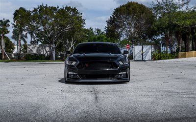 Ford Mustang, En 2017, les Muscles, vue de face, tuning, sport coup&#233;, Noir Mustang