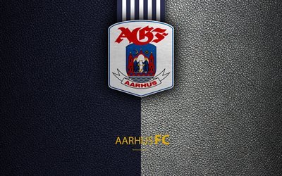 Aarhus FC, 4k, logo, leather texture, Aarhus Gymnastikforening, Danish football club, Superligaen, football, Danish Superleague, Aarhus, Denmark