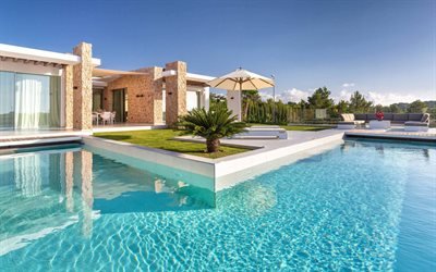 villa de lujo, exterior, piscina, patio, Ibiza