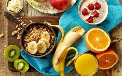 Sano, cibo, concetti, colazione, farina d&#39;avena, cereali, frutta, banana, arancia, yogurt