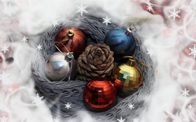 Bolas de navidad, arte, desenfoque, A&#241;o Nuevo, conos, adornos