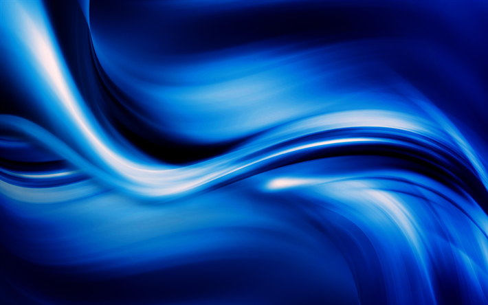 soyut dalgalar, 4k, mavi arka plan, eğriler, sanat, soyut malzeme, mavi dalgalar