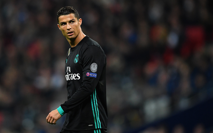 Cristiano Ronaldo, 4k, match, CR7, Real Madrid, La Liga, football stars, black uniform, Ronaldo, football, Galacticos, soccer