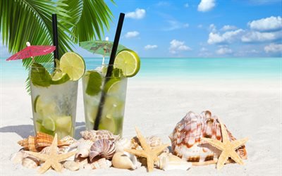 tropical beach, cocktails, Mojito, mint, summer cocktails, sea, seashells