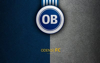 FC Odense, Odense Boldklub, 4k, logo, leather texture, Danish football club, Superligaen, football, Danish Superleague, Odense, Denmark