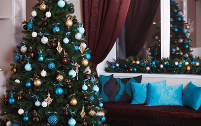 Noel ağacı, s&#252;slemeler, Yeni Yıl, mavi Noel topları