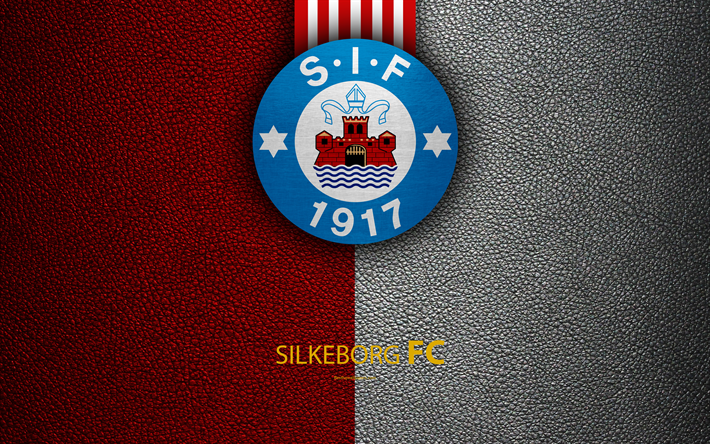 Silkeborg SI, 4k, un logo, un cuir &#224; la texture, Silkeborg FC, une danoise de football club, Superligaen, le football, le danois Superleague, Silkeborg, Danemark