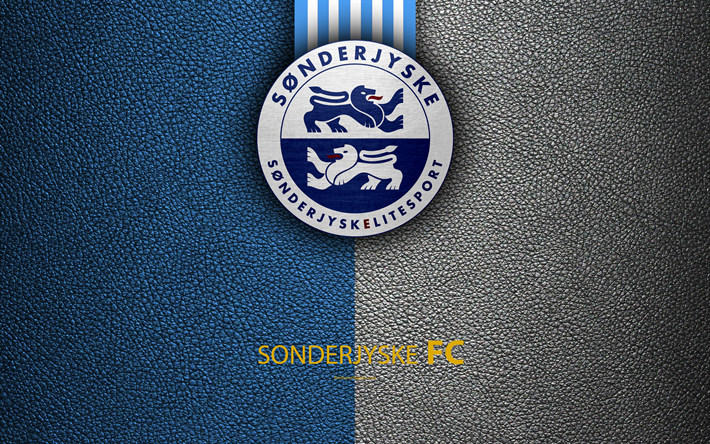 SonderjyskE FC, 4k, logo, leather texture, Danish football club, Superligaen, football, Danish Superleague, Haderslev, Denmark