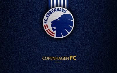 Le FC Copenhague, 4k, un logo, un cuir &#224; la texture, danois, club de football, Superligaen, le football, le danois Superleague, Copenhague, Danemark