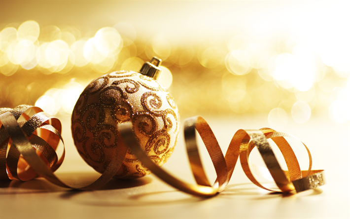 Golden Christmas ball, 4k, New Year, golden background, golden silk ribbon, Christmas
