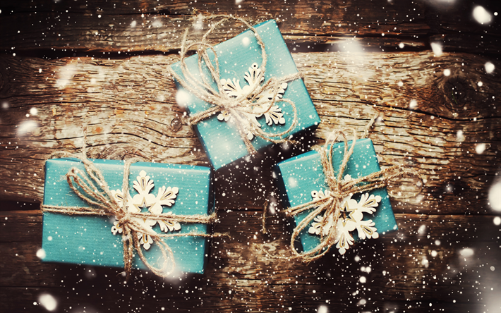 Christmas gifts, blue boxes, silk bows, New Year, Christmas, wooden background, lights