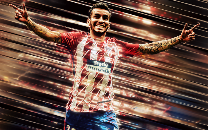 Angel Correa, 4k, yaratıcı sanat, stil, Atletico Madrid, Arjantinli futbolcu, UEFA Şampiyonlar Ligi, İspanya, kırmızı arka plan, &#231;izgiler, sanat, futbol bı&#231;akları