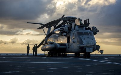 Sikorsky CH-53E Super Stallion, heavy military helicopter, US Navy, deck of aircraft carrier, evening, sunset, military helicopters, USA, US Marine Corps, CH-53E