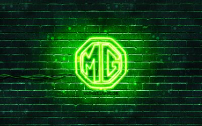 MG green logo, 4k, green brickwall, MG logo, cars brands, MG neon logo, MG