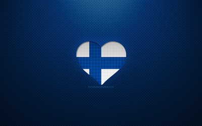 フィンランドが大好き, 4k, ヨーロッパ, 青い点線の背景, フィンランドの国旗のハート, フィンランド, 好きな国, フィンランドの旗