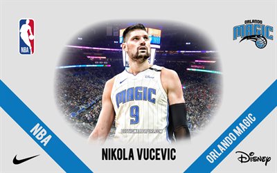 Nikola Vucevic, Orlando Magic, Montenegron koripallopelaaja, NBA, muotokuva, USA, koripallo, Amway Center, Orlando Magic -logo