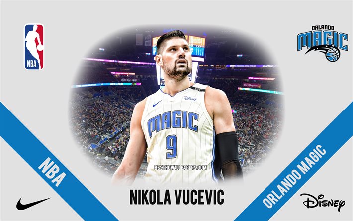 Nikola Vucevic, Orlando Magic, joueur de basket-ball mont&#233;n&#233;grin, NBA, portrait, USA, basket-ball, Amway Center, logo Orlando Magic