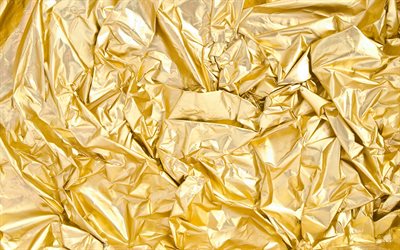 golden foil texture, 4k, macro, golden backgrounds, foil textures, crumpled golden foil, foil backgrounds, gold foil