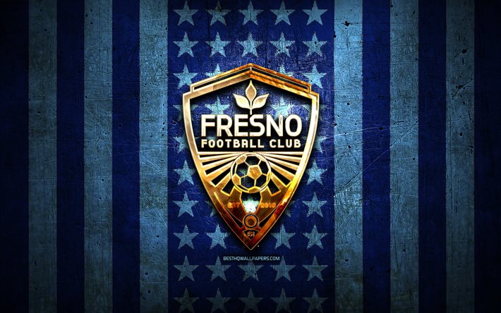 フレズノFCフラグ, USL, 青い金属の背景, アメリカのサッカークラブ, フレズノFCのロゴ, 米国, サッカー, フレズノFC, 黄金のロゴ