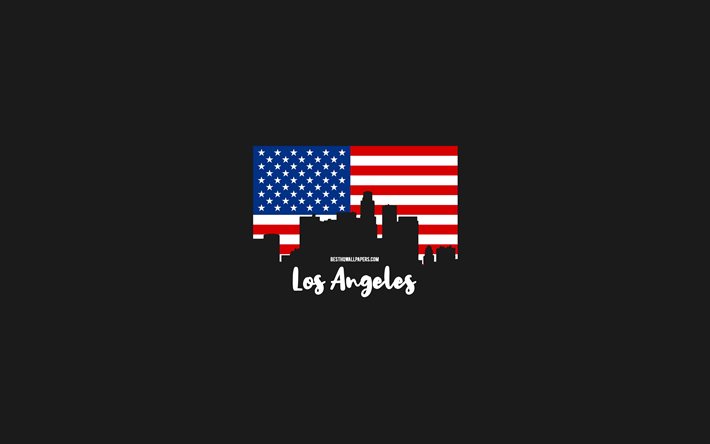 los angeles, amerikanische st&#228;dte, los angeles silhouette skyline, usa flagge, los angeles stadtbild, amerikanische flagge, usa, los angeles skyline