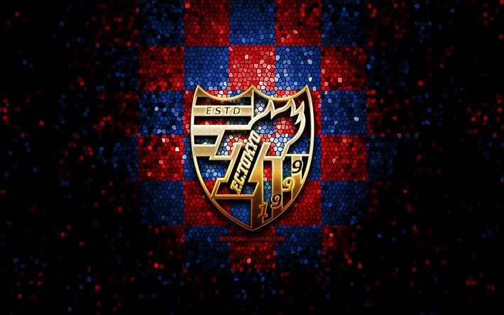 FC Tokyo, logo glitter, J1 League, sfondo a scacchi blu rosso, calcio, squadra di calcio giapponese, logo FC Tokyo, arte del mosaico, Tokyo FC