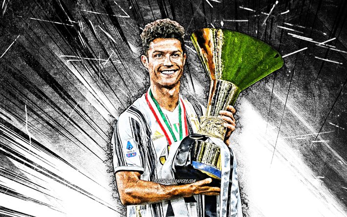 4k, Cristiano Ronaldo con coppa, Juventus FC, CR7, arte grunge, calciatori portoghesi, Bianconeri, raggi bianchi astratti, calcio, stelle del calcio, Serie A, Italia, CR7 Juve