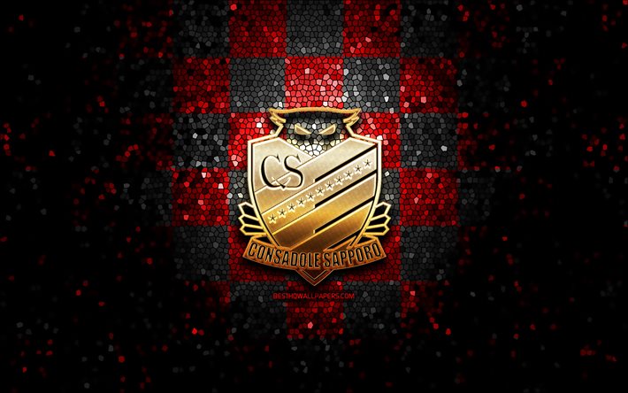 Consadole Sapporo FC, glitter logo, J1 League, red black checkered background, soccer, japanese football club, Consadole Sapporo logo, mosaic art, football, Consadole Sapporo
