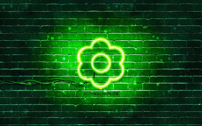 Icona al neon fiore verde, 4K, sfondo verde, simboli al neon, fiore verde, icone al neon, segno fiore verde, segni della natura, icona fiore verde, icone della natura