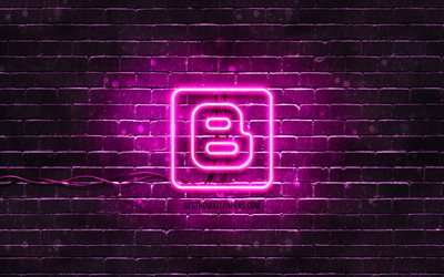 Blogger purple logo, 4k, purple brickwall, Blogger logo, social networks, Blogger neon logo, Blogger