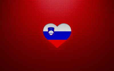 Slovenya&#39;yı Seviyorum, 4k, Avrupa, kırmızı noktalı arka plan, Sloven bayrağı kalp, Slovenya, favori &#252;lkeler, Slovenya seviyorum, Sloven bayrağı