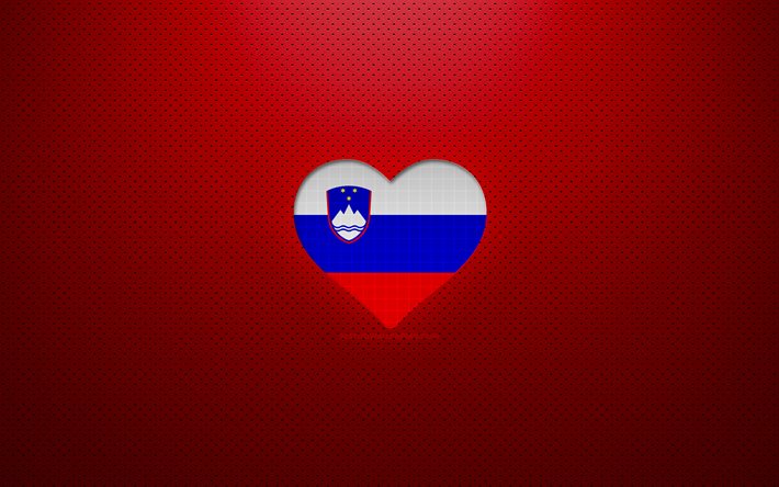 Amo Eslovenia, 4k, Europa, fondo punteado rojo, coraz&#243;n de la bandera eslovena, Eslovenia, pa&#237;ses favoritos, bandera eslovena