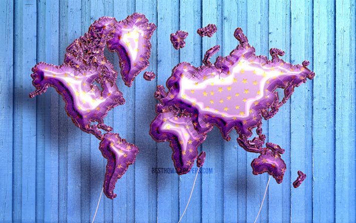خريطة العالم بالونات البنفسج الواقعية, 4 ك, خرائط ثلاثية الأبعاد, مفهوم خريطة العالم, القيام بأعمال فنية, خلفية خشبية زرقاء, بالونات البنفسج, إبْداعِيّ ; مُبْتَدِع ; مُبْتَكِر ; مُبْدِع, خرائط العالم, خريطة العالم البنفسجي